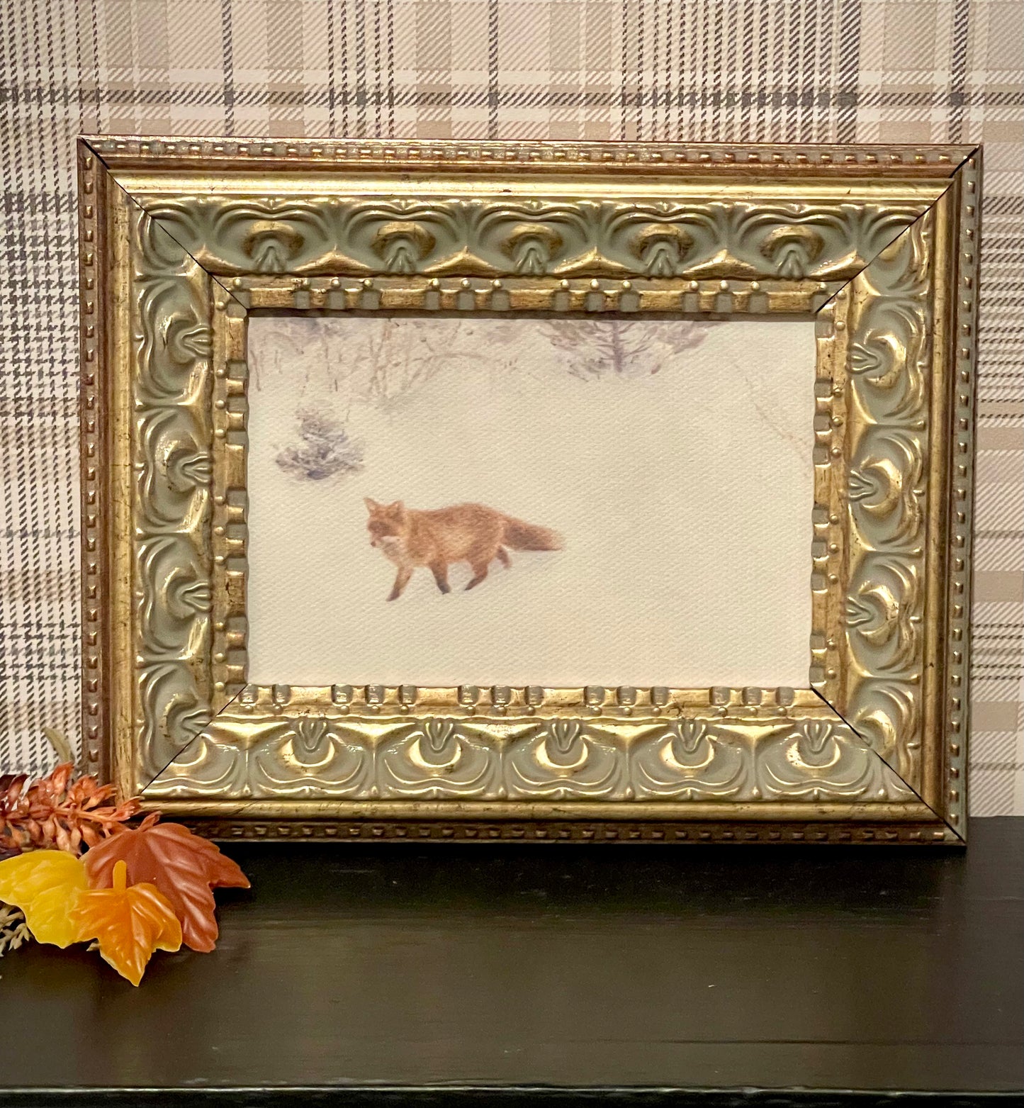 Fox in Winter - Framed Antique Art (7x5)