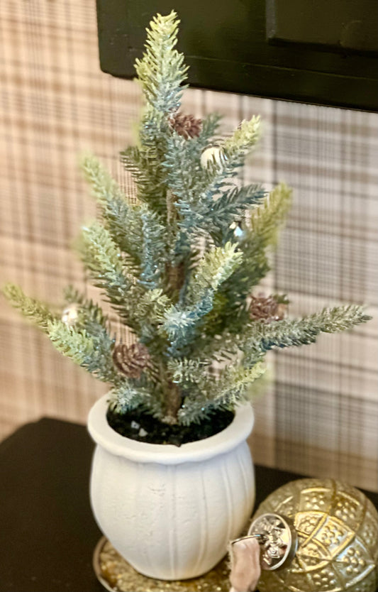 Potted Pine Tree with Pinecones and Silver Balls