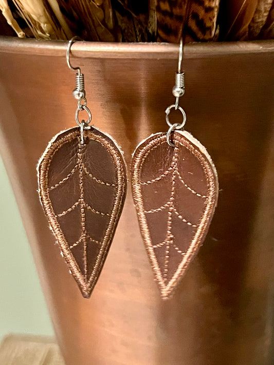 Embroidered Leather Leaf Earrings