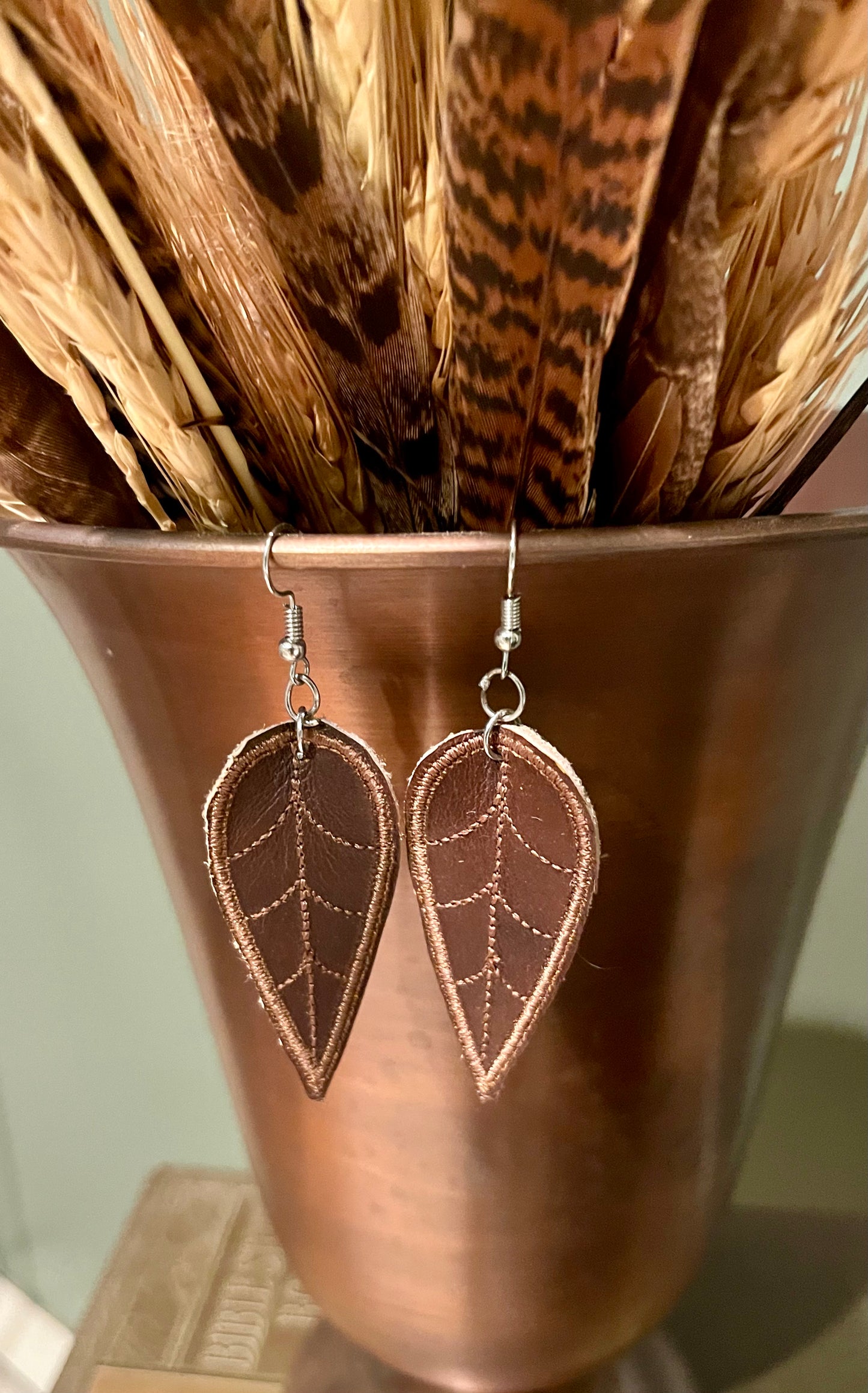 Embroidered Leather Leaf Earrings