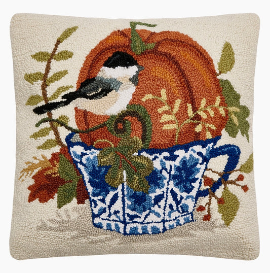 Chickadee with  Blue Chinoiserie Teacup  & Pumpkin Hooked Pillow
