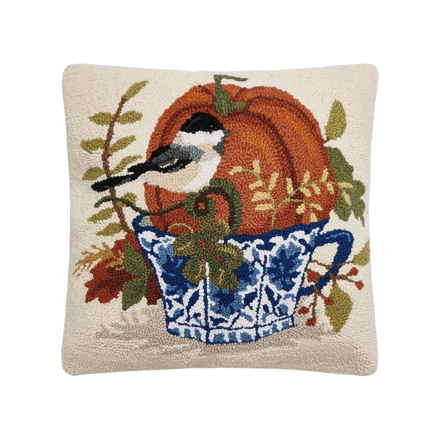 Chickadee with Pumpkin & Teacup Hooked Pillow