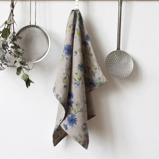 Natural Kitchen Linen Towel - Blue Floral